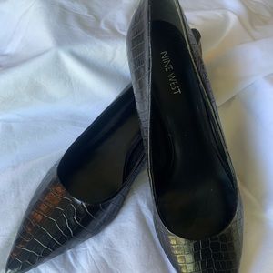 Nine West Oakso Black Croc Embossed Kitten Heels